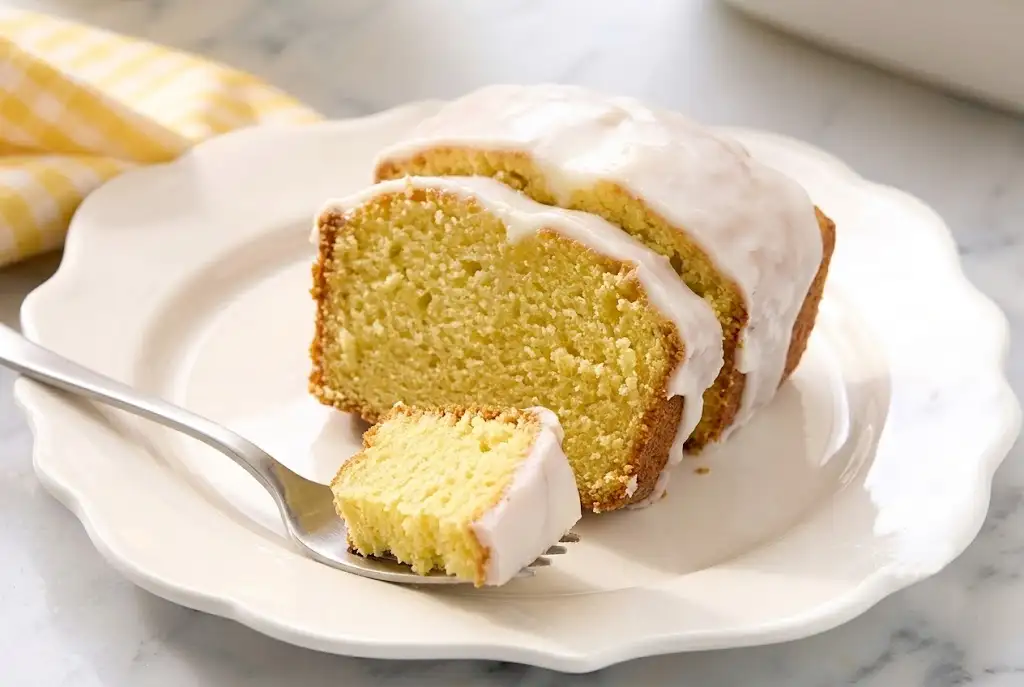A thick, tender slice of a copycat Starbucks lemon loaf on a white ceramic plate, featuring a moist lemon loaf recipe crumb and a thick white citrus glaze.