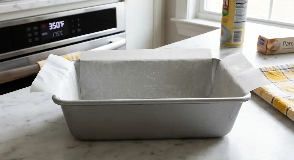 Preparing a 9x5 baking pan with parchment paper overhang to make a moist lemon loaf recipe.
