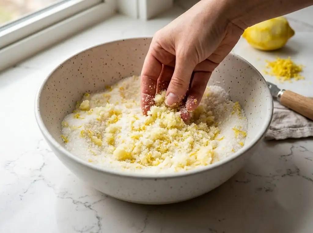 Rubbing fresh lemon zest into granulated sugar by hand to extract citrus oils for a copycat Starbucks lemon loaf.