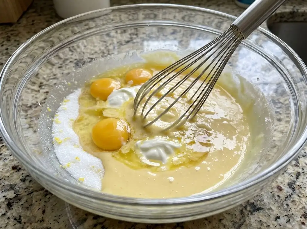 Whisking eggs, sour cream, and butter into lemon sugar to create a smooth batter for a Starbucks lemon pound cake recipe.
