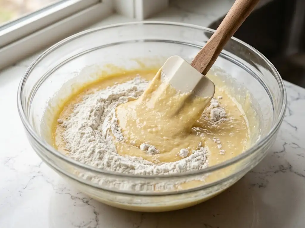 Gently folding dry flour ingredients into the wet batter with a spatula for a better than Starbucks lemon loaf.