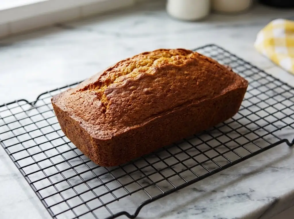 A baked, perfectly domed copycat Starbucks lemon loaf resting on a black wire cooling rack before glazing.