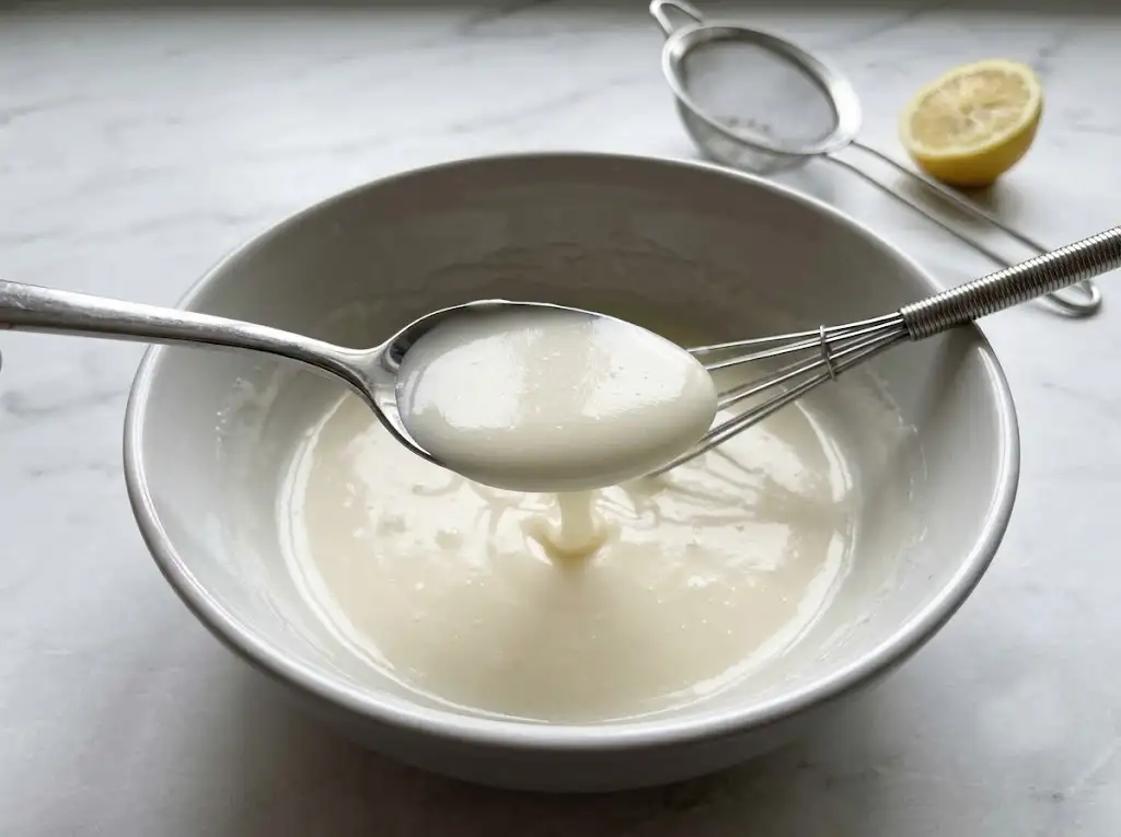 Whisking powdered sugar, milk, and fresh lemon juice to create a thick white icing for a Starbucks lemon pound cake recipe.