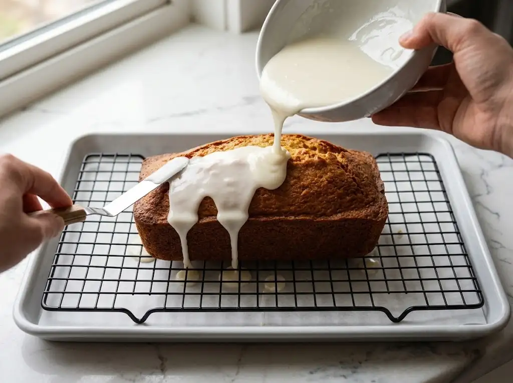 Pouring thick white icing over a cooled, moist lemon loaf recipe to create a signature bakery-style glaze shell.
