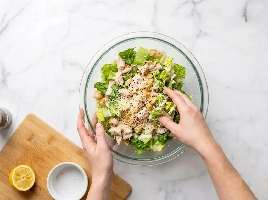 Tossing romaine lettuce, chicken, Parmesan cheese, croutons, Caesar dressing, lemon juice, and black pepper together for Chicken Caesar Wrap filling.