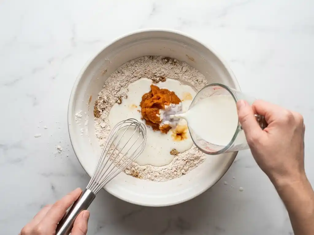 Pouring milk and canned pumpkin puree into the dry spiced pancake mix to create the batter.