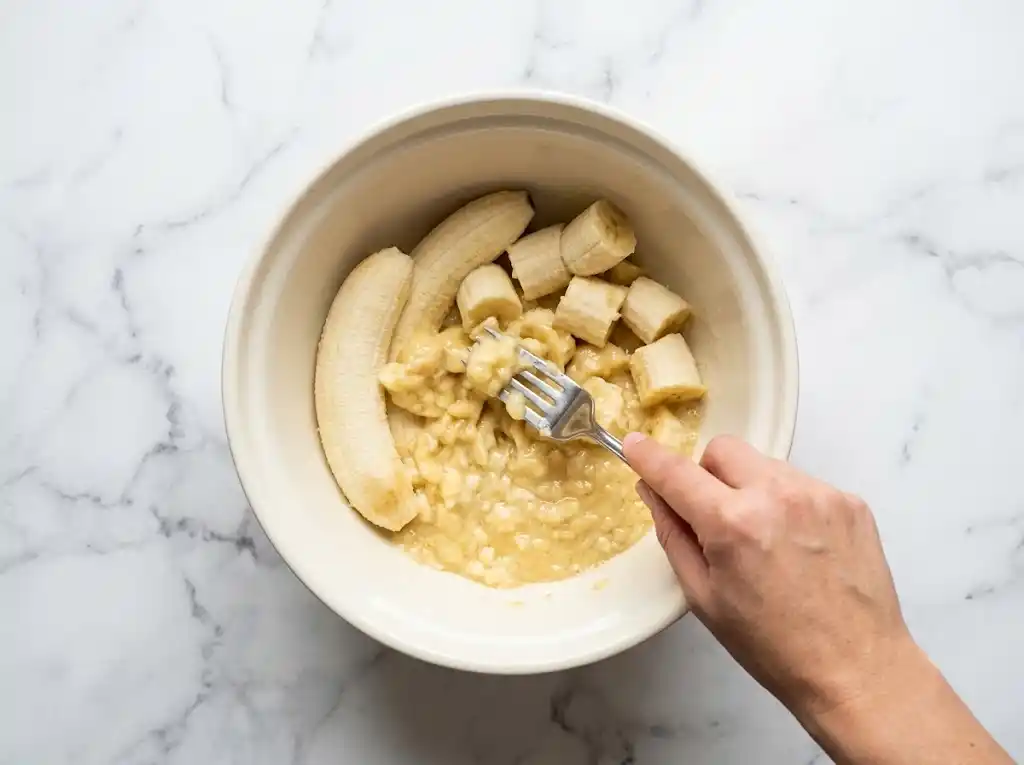 ashing-overripe-bananas-with-fork Mashing overripe bananas with a metal fork in a large mixing bowl until mostly smooth.