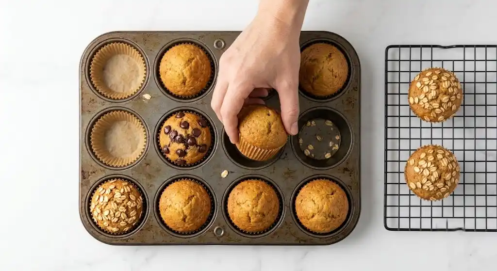 cooling-muffins-on-wire-rack Transferring freshly baked oat flour banana muffins from the baking pan to a black wire cooling rack.