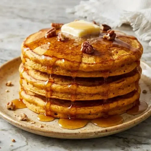 A tall stack of fluffy pumpkin pancakes with pancake mix, topped with melting butter and maple syrup on a rustic plate.