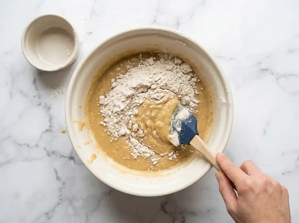 folding-dry-ingredients-into-muffin-batter Gently folding dry oat flour ingredients into the wet banana mixture with a blue silicone spatula.