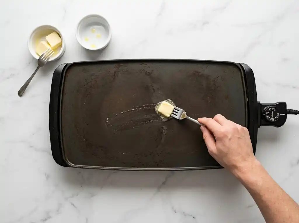 Greasing a hot, black electric griddle with a pat of butter using a fork before cooking pancakes.