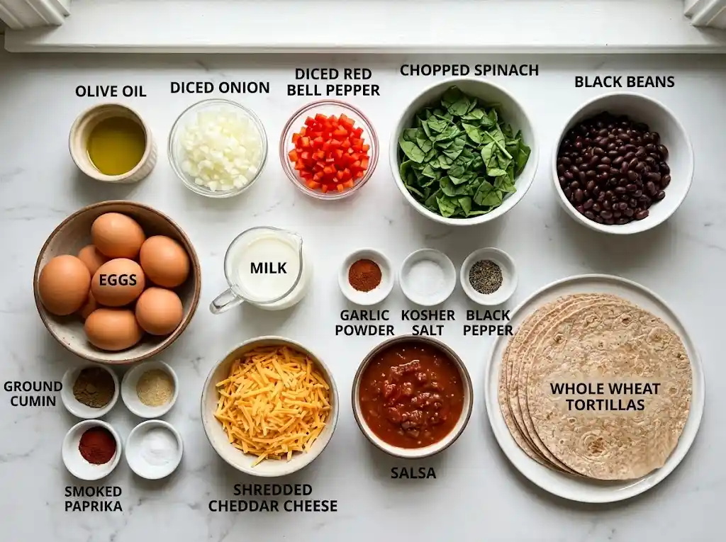 Overhead shot of the fresh ingredients used to make healthy breakfast burritos, including organic eggs, black beans, diced bell peppers, spinach, and whole wheat tortillas.