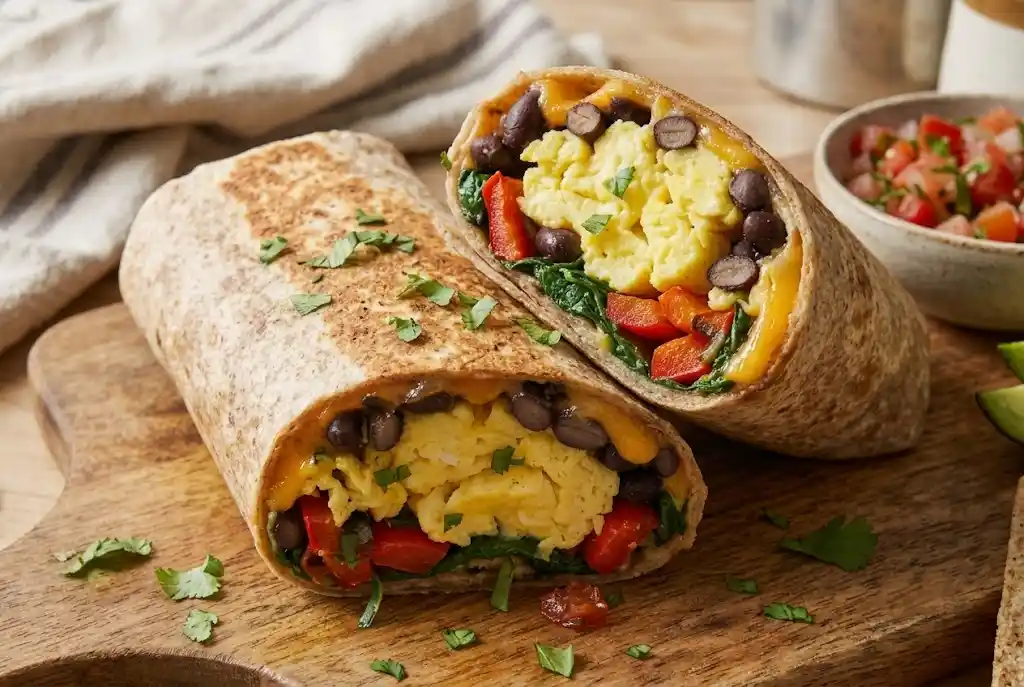 A top-down photo of two sliced healthy breakfast burritos showing scrambled eggs, black beans, peppers, and cheese, served with salsa and avocado on a marble countertop.