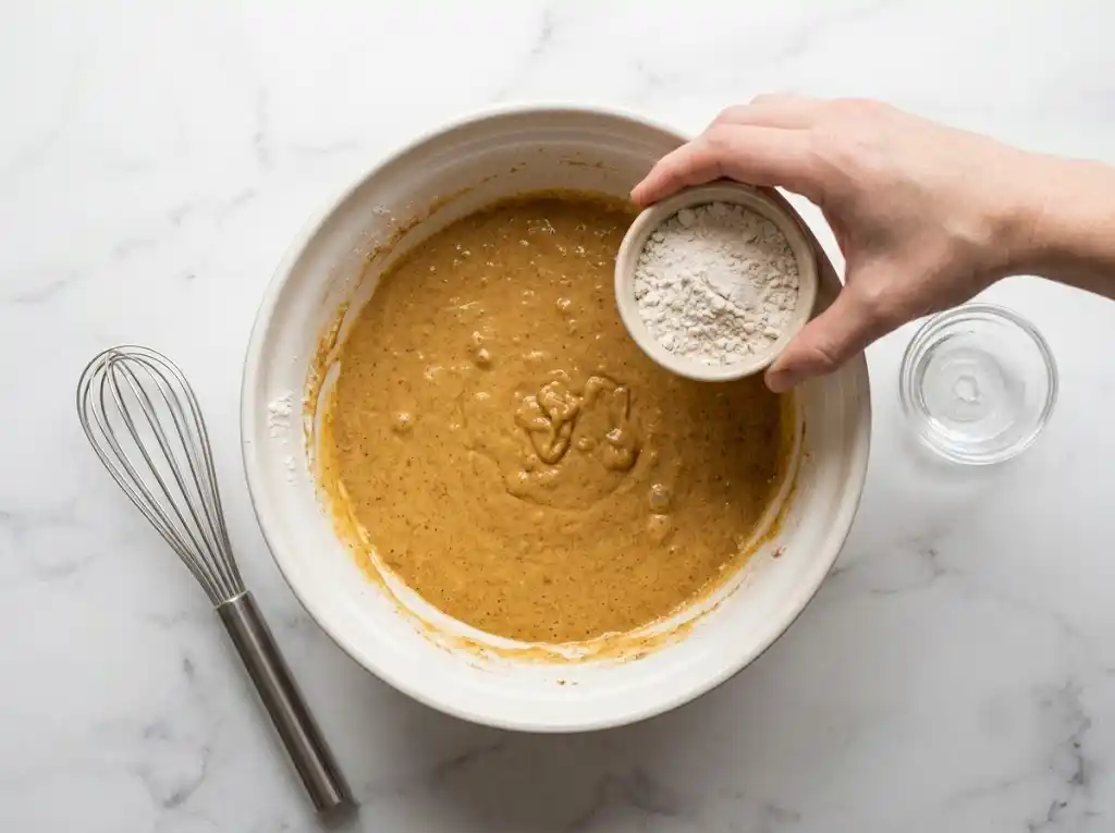 Adding a small spoonful of flour to resting pumpkin pancake batter in a mixing bowl to achieve the perfect thickness.