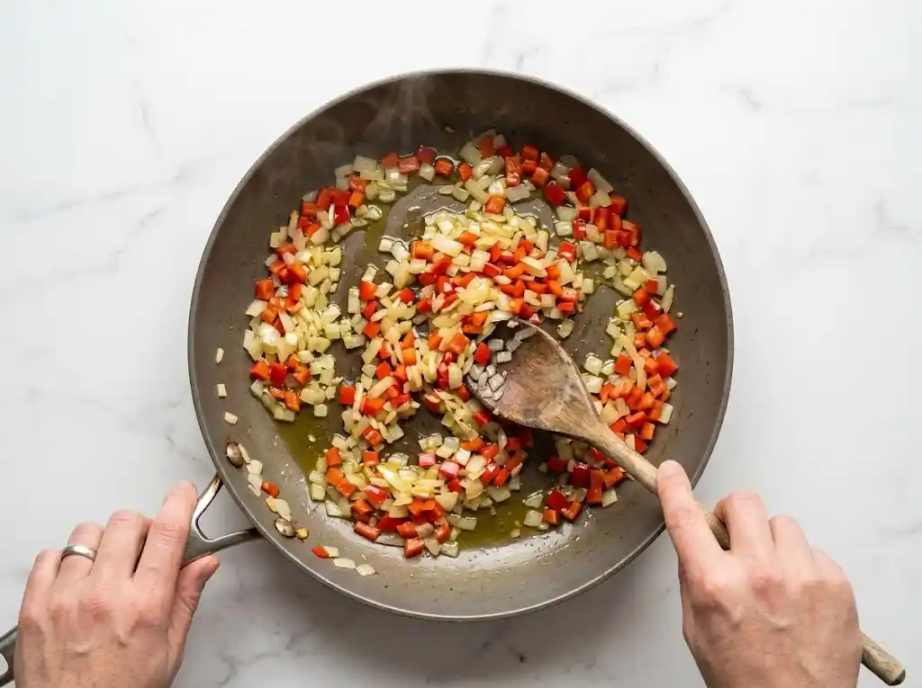 Overhead view of diced onions and red bell peppers sautéing in a nonstick skillet to start the filling for healthy breakfast burritos.