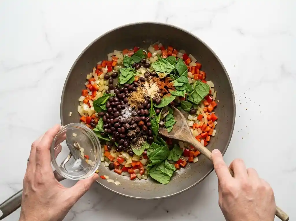Adding black beans, fresh spinach, and spices to the sautéed vegetables in a skillet for a healthy breakfast burrito filling.