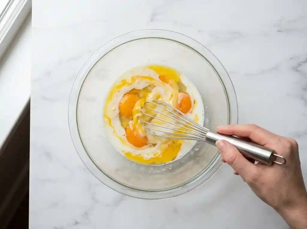 A hand whisking fresh eggs and milk together in a glass bowl to ensure fluffy eggs for healthy breakfast burritos.