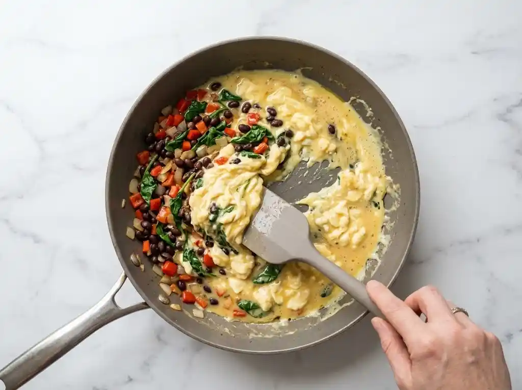 Gently folding the whisked eggs into the vegetable and black bean mixture in a skillet to make healthy breakfast burritos.
