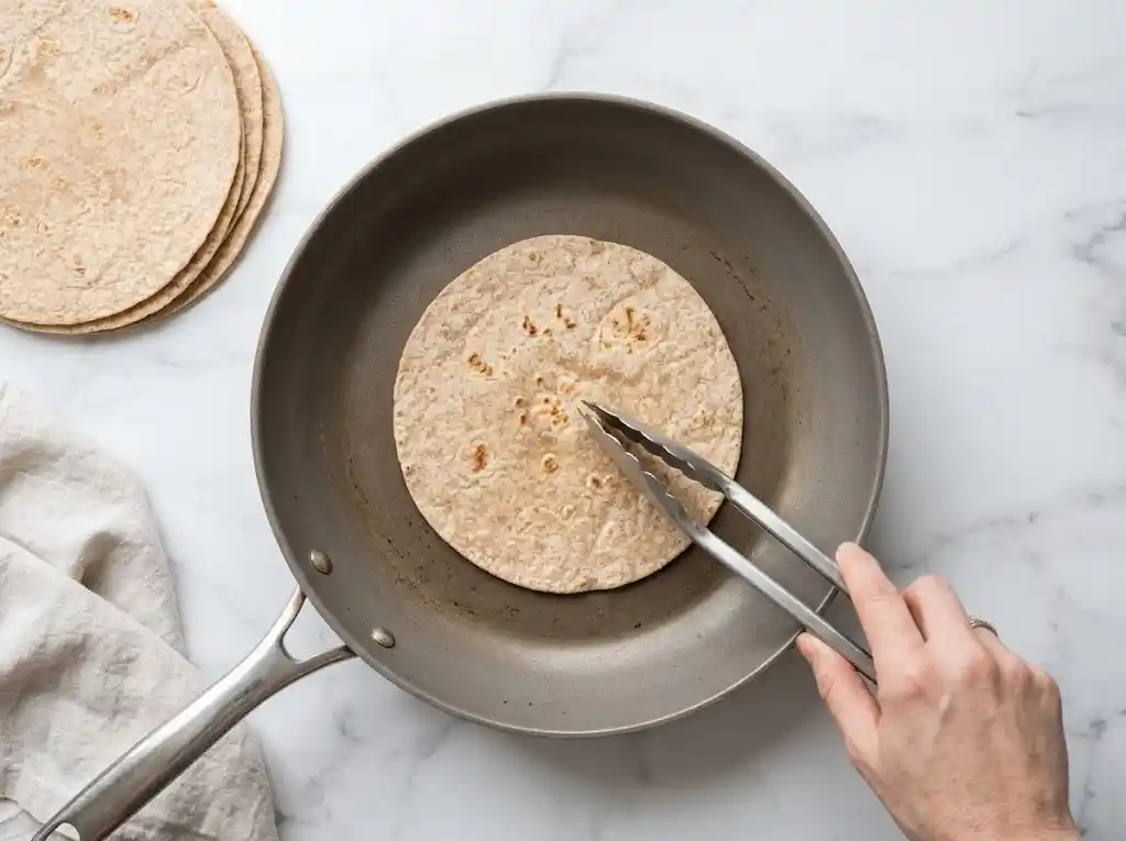 Warming a whole-wheat tortilla in a dry skillet using tongs to prepare it for rolling a healthy breakfast burrito.