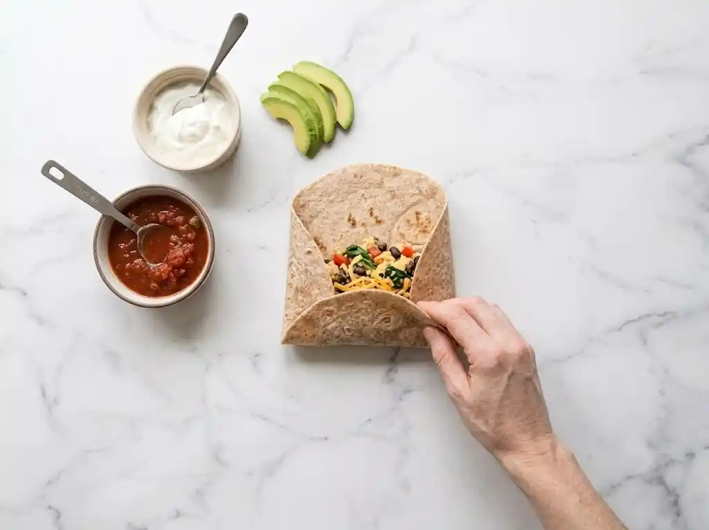 Assembling a healthy breakfast burrito by spooning the egg mixture, shredded cheese, and salsa onto the center of a warm tortilla.