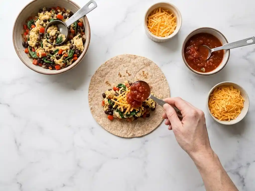 Hands tightly folding the sides and rolling a whole-wheat tortilla to finish assembling a compact healthy breakfast burrito.