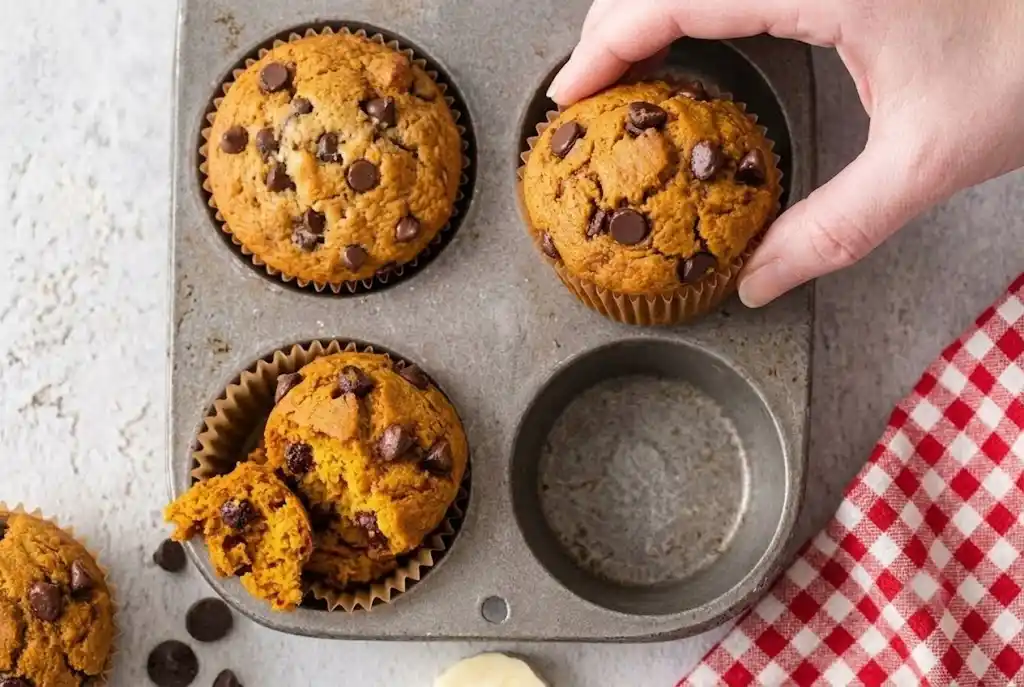 oat-flour-banana-muffins-fresh-baked Top-down view of healthy oat flour banana muffins resting in a metal baking pan on a white marble countertop.