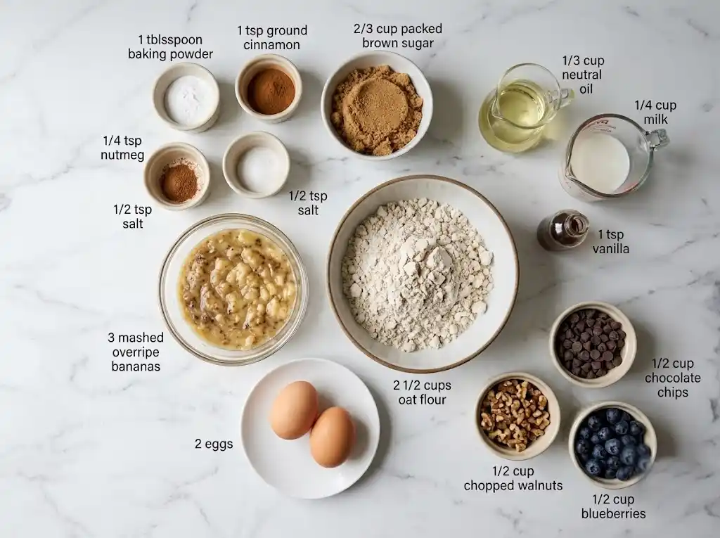 oat-flour-banana-muffins-ingredients Prepped ingredients for oat flour banana muffins, including mashed bananas, oat flour, eggs, and brown sugar, arranged in small bowls on a clean countertop.