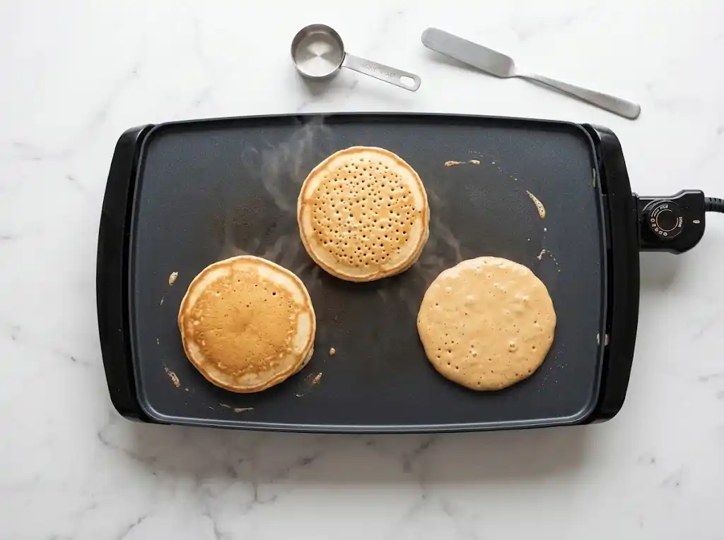 Three pumpkin pancakes cooking on a hot griddle, with small bubbles forming on the surface of the wet batter.