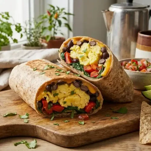 Close-up cross-section of a healthy breakfast burrito wrapped in a whole wheat tortilla, highlighting the fresh, protein-packed egg and vegetable filling.