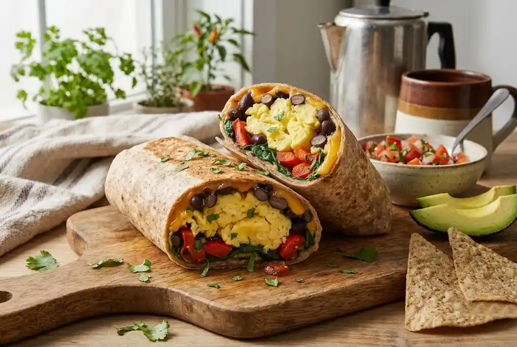 Close-up cross-section of a healthy breakfast burrito wrapped in a whole wheat tortilla, highlighting the fresh, protein-packed egg and vegetable filling.