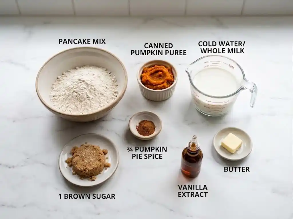 Ingredients for making pumpkin pancakes including dry pancake mix, canned pumpkin puree, milk, brown sugar, pumpkin pie spice, vanilla extract, and butter.