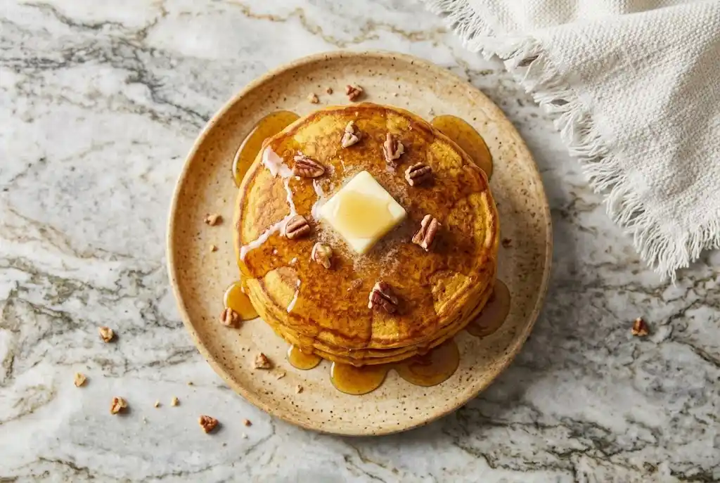 Overhead view of golden pumpkin pancakes drizzled with maple syrup and sprinkled with chopped pecans on a white marble countertop.