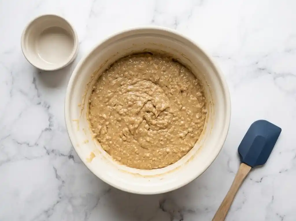 resting-oat-flour-muffin-batter Thick, fully hydrated oat flour banana muffin batter resting in a mixing bowl on a marble surface.