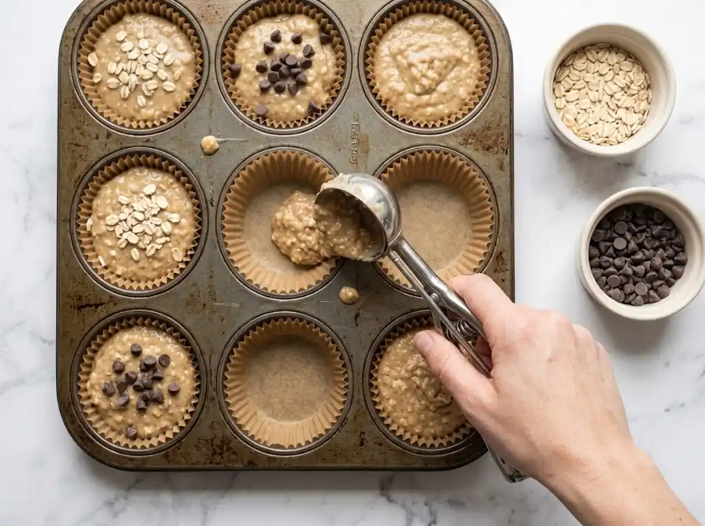 scooping-muffin-batter-into-pan Using a metal ice cream scoop to divide banana oat muffin batter evenly into a lined muffin pan.