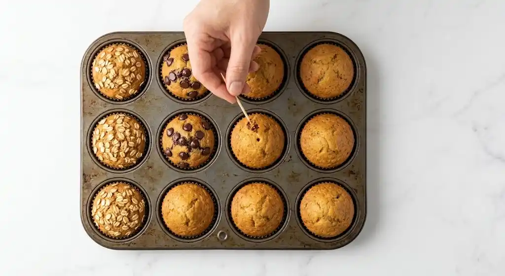 testing-baked-muffins-with-toothpick Checking golden brown oat flour banana muffins for doneness by inserting a wooden toothpick into the center.