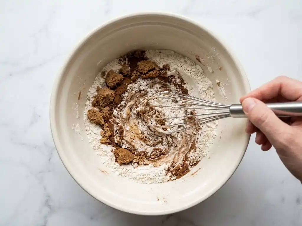 Whisking dry pancake mix, brown sugar, and pumpkin pie spice together in a large mixing bowl to remove any streaks.