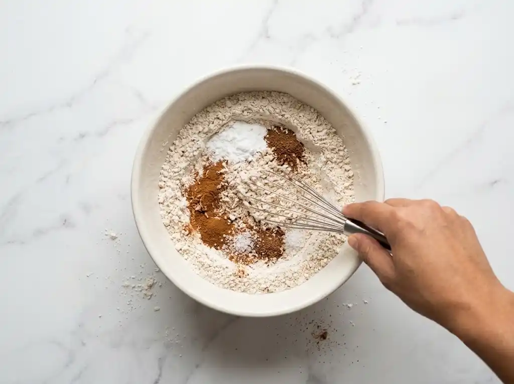 whisking-dry-ingredients-oat-flour Hand whisking oat flour, baking powder, cinnamon, and salt together in a white ceramic bowl.