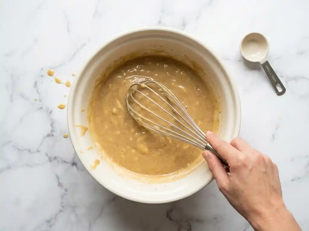 whisking-wet-ingredients-banana-muffins Whisking brown sugar, eggs, oil, milk, and mashed bananas together into a glossy liquid mixture.