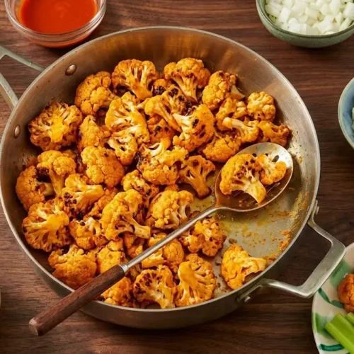 Cooked air fryer buffalo cauliflower wings in a skillet, served with celery sticks, ranch dressing, and fresh sides on a wooden table.