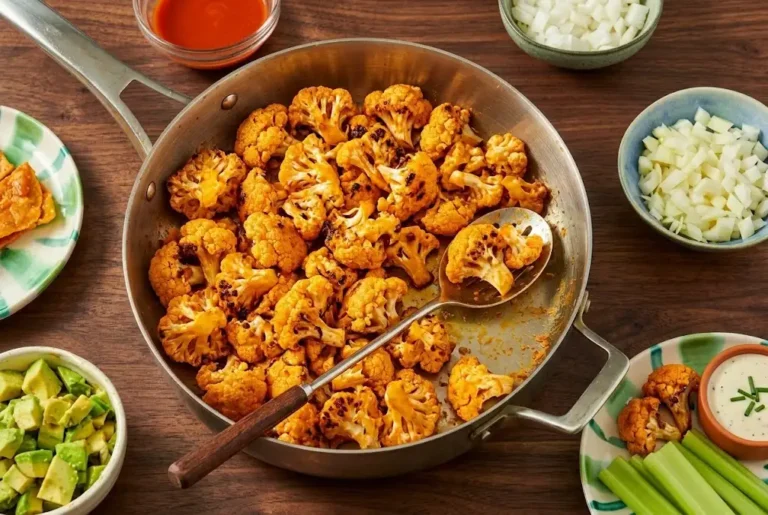 Cooked air fryer buffalo cauliflower wings in a skillet, served with celery sticks, ranch dressing, and fresh sides on a wooden table.