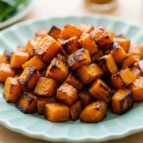 A delicious batch of roasted air fryer butternut squash cubes served on a light blue scalloped plate