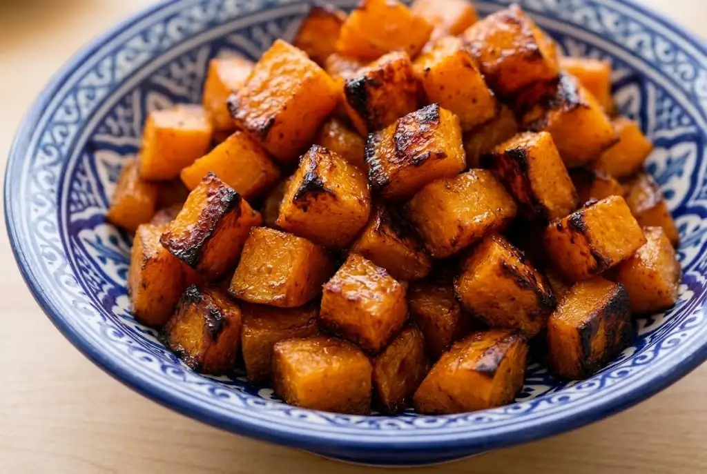 A close-up view of golden, caramelized air fryer butternut squash cubes served in a blue and white patterned bowl