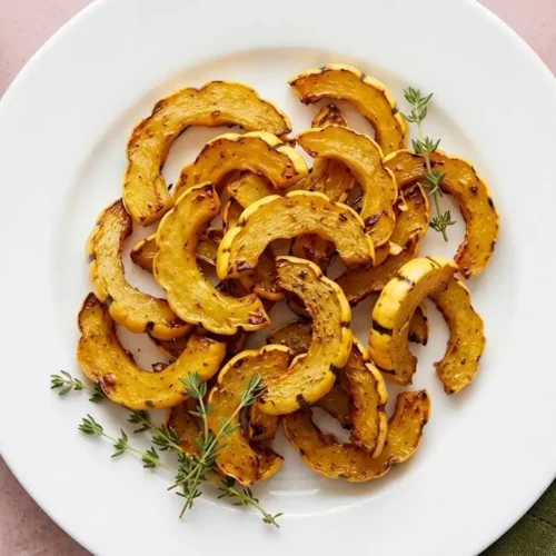 Perfectly roasted air fryer delicata squash slices garnished with fresh thyme on a white plate.