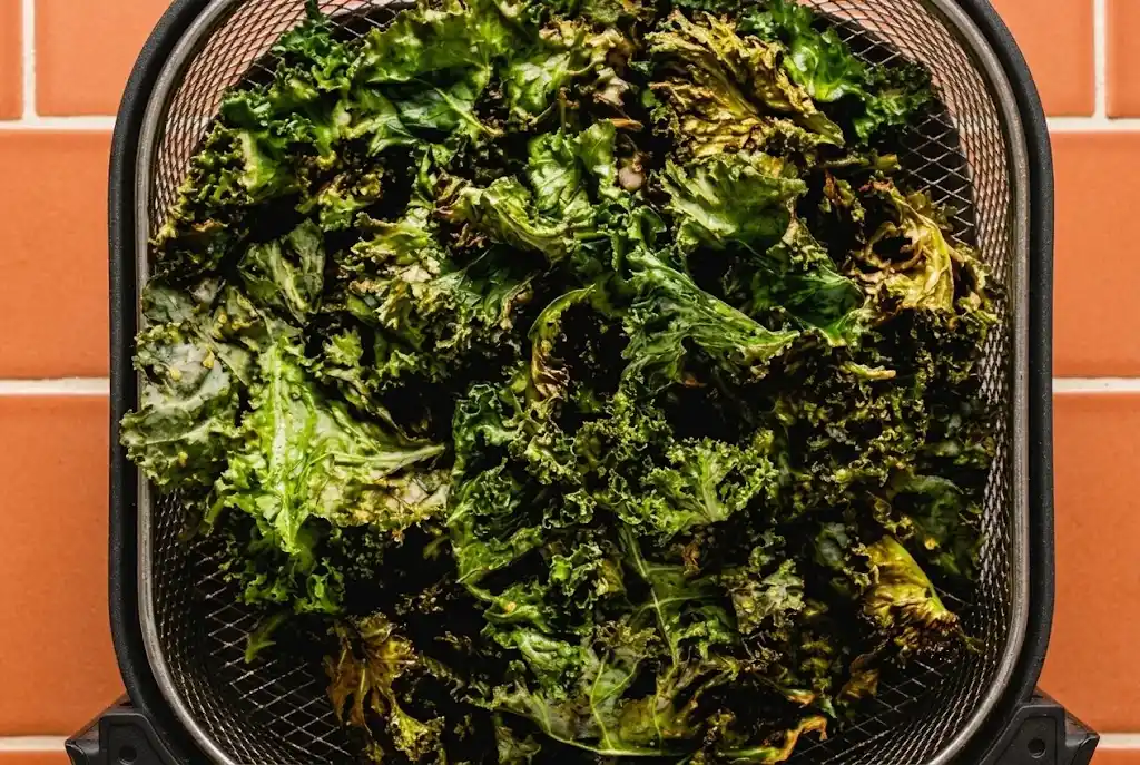 A close-up view of perfectly crispy air fryer kale chips inside a metal fryer basket against an orange tile background