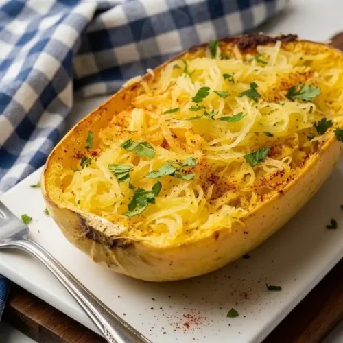 Roasted spaghetti squash half served on white plate with blue and white checkered napkin.