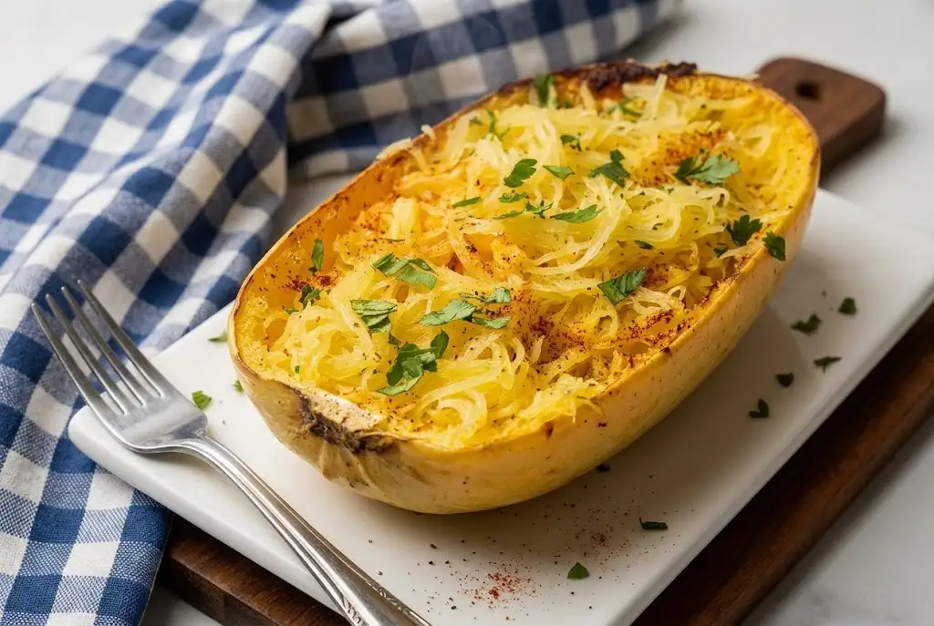 Roasted spaghetti squash half served on white plate with blue and white checkered napkin.