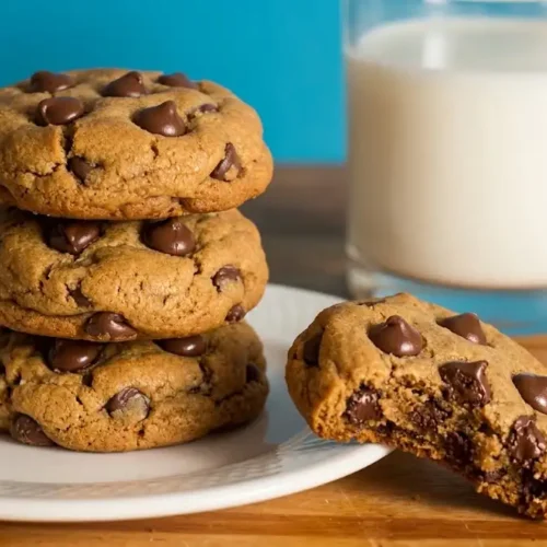 A stack of three soft and chewy pumpkin chocolate chip cookies on a white plate next to a glass of milk and a bitten cookie