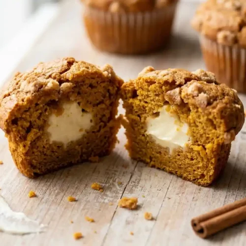 A close-up of a stacked wire basket filled with freshly baked pumpkin cream cheese muffins, showing a cream cheese swirl, nuts, and newspaper liners.