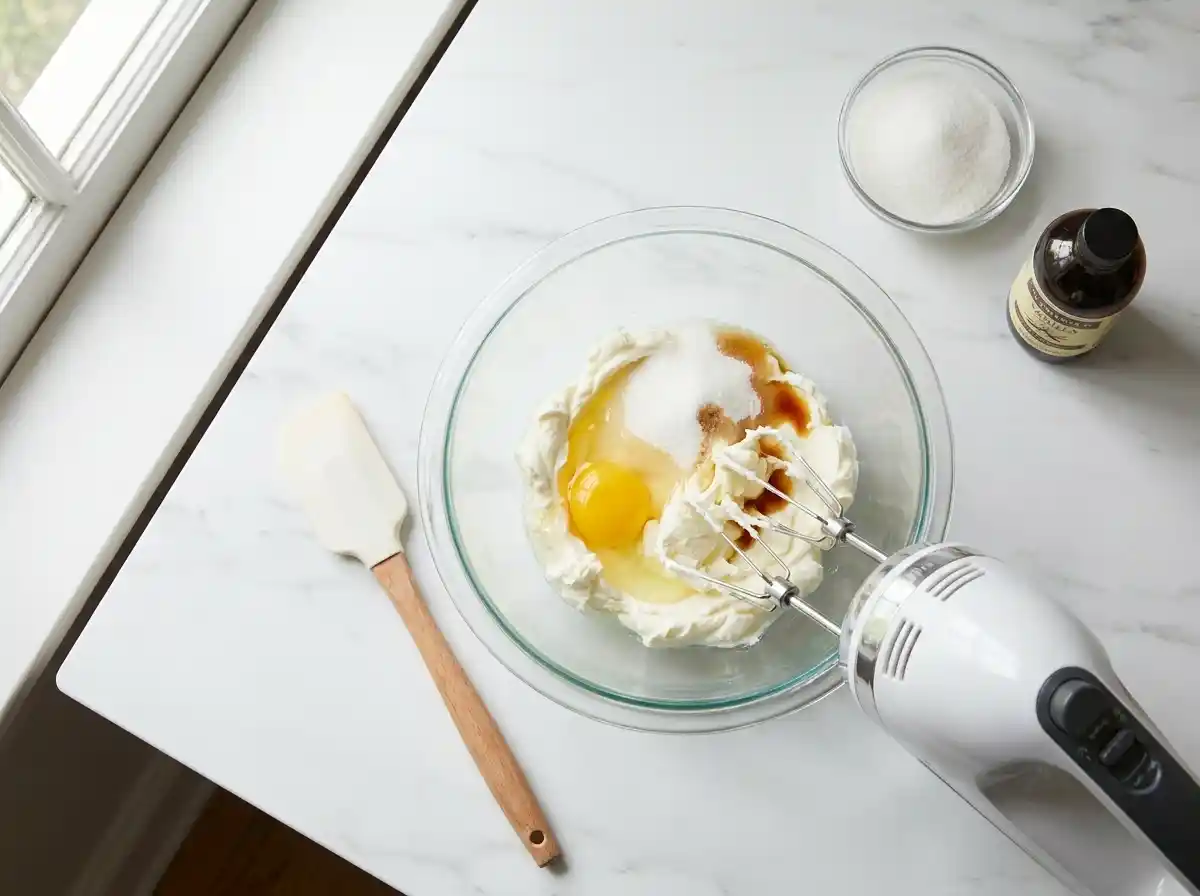 Ingredients laid out on a kitchen counter for making pumpkin cream cheese muffins, including flour, pumpkin puree, and cream cheese.