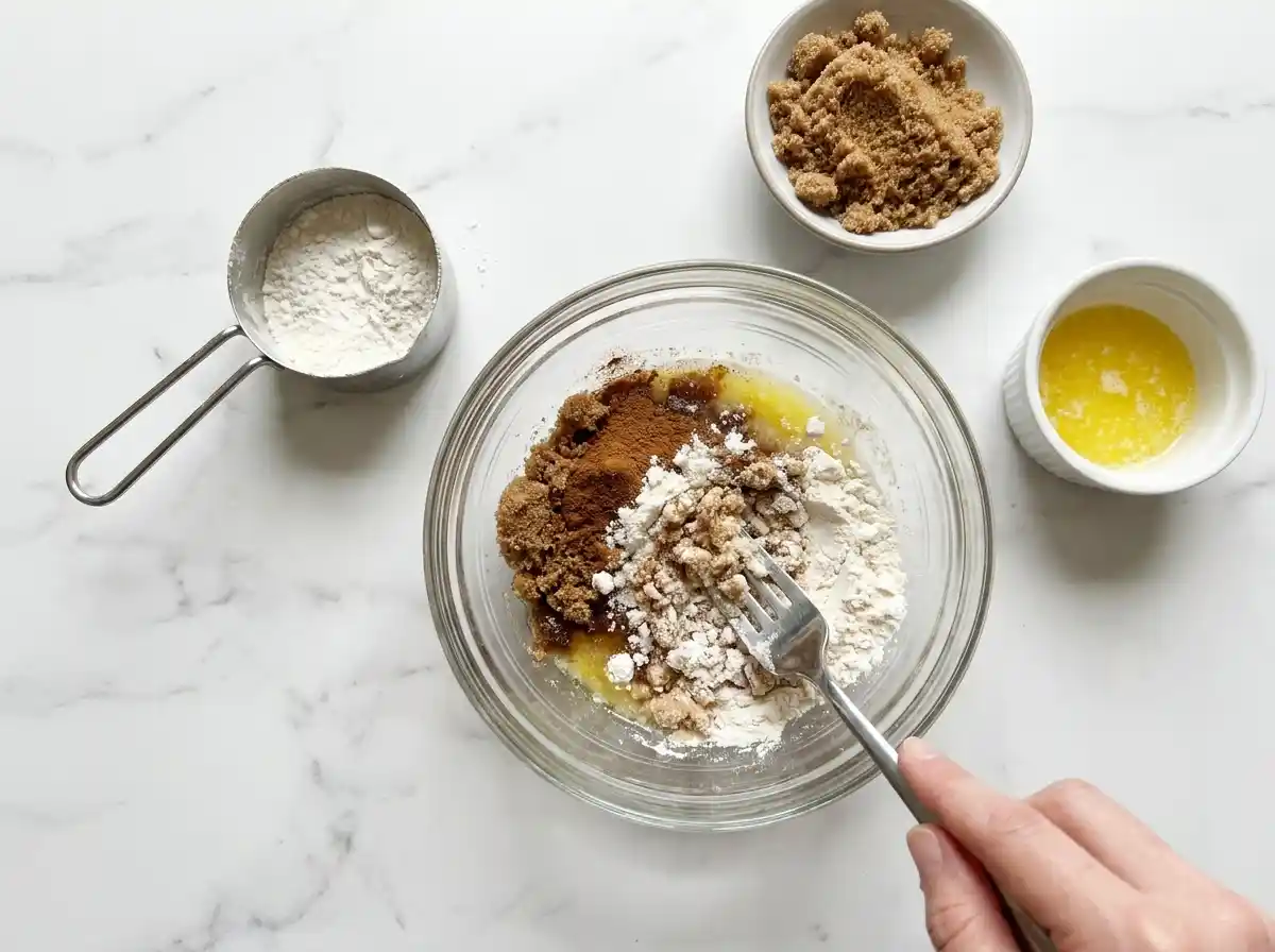 A person whisking together the dry ingredients, including flour and spices, for the pumpkin cream cheese muffins batter.